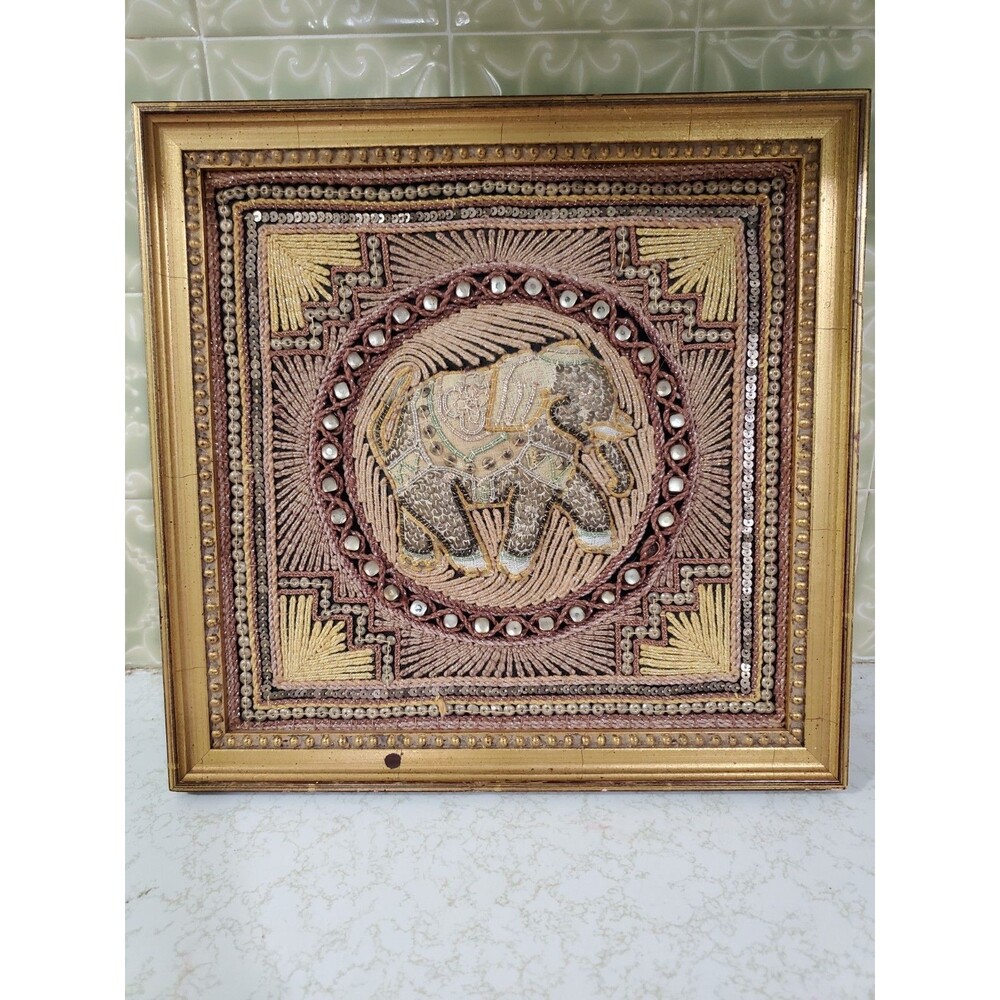 Burmese Kalaga Tapestry Elephant Beaded Sequins Gold Framed Picture 12"x12"